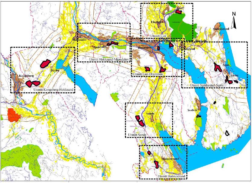 Figur 6.3: Oversikt over mulige arealer for plasskrevende næringsvirksomhet som er kartlagt av Buskerudbysamarbeidet, 2015.