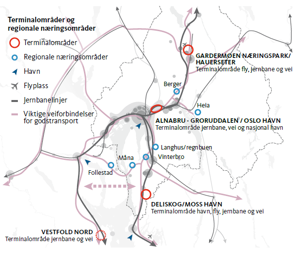 4: Plansamarbeidets temakart for mulig fremtidig lokalisering av godsterminaler og regionale næringsområder i Oslo og Akershus.