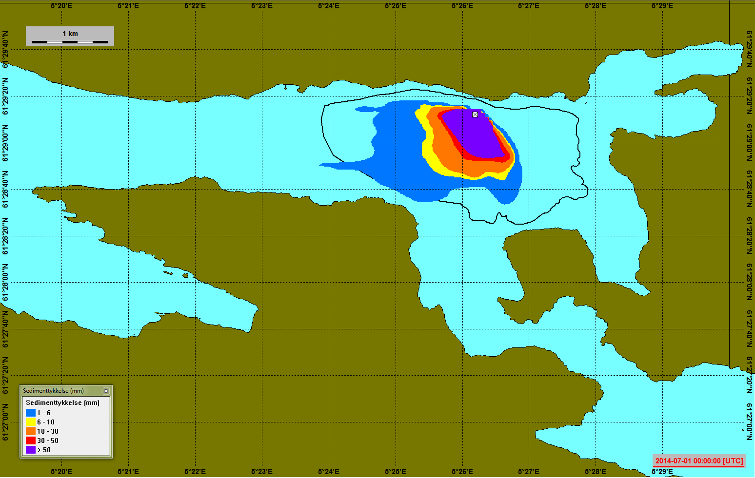 Figur 12: Resultat for scenario A: Sedimentoppbygging akkumulert over 6 og 12 måneder