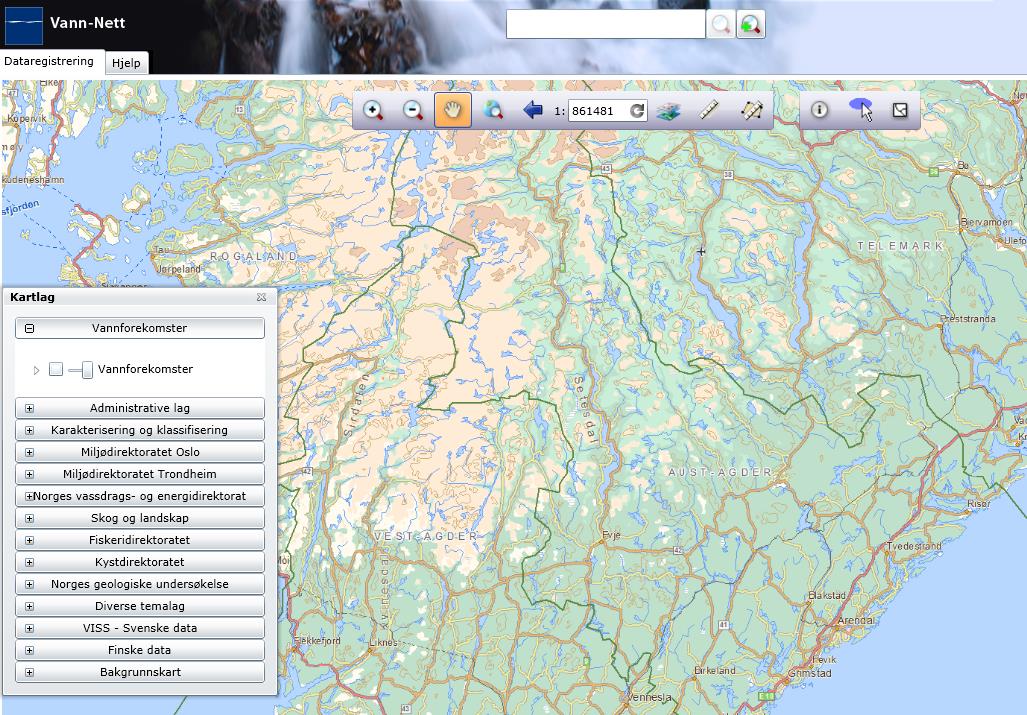 Vann-Nett En database som viser vannforekomster, påvirkninger og tilstand til alle vannforekomstene.