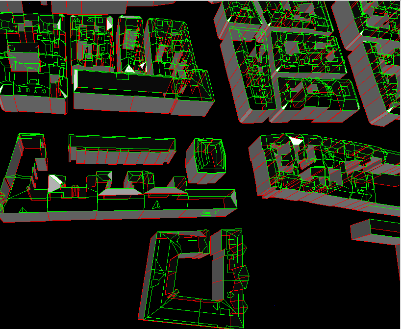 Figur 1: Linjetegninger som viser kompleksiteten i bygningenes tak som det skal lages flater av.