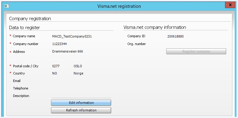 3. Registere firma Før du synkroniserer data med Visma.net, må du registrere firmaet i Visma.net. Dette gjøres fra verktøy > Firmainstillinger > 13. Visma.net Benytt knappen registrer Registrere I Visma.