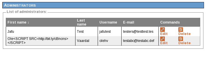 <% List<User> l = (List<User>) request.getattribute("admins"); for (User u: l) { %> <tr> <td><%=esapi.encoder().encodeforhtml(u.getfirstname())%></td> <td><%=esapi.encoder().encodeforhtml(u.getlastname())%></td> <td><%=esapi.
