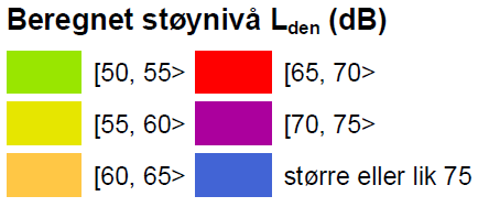 Fargekoder som er benyttet er de samme som ligger til grunn for Trondheim kommune sine støysonekart utarbeidet i 2012.