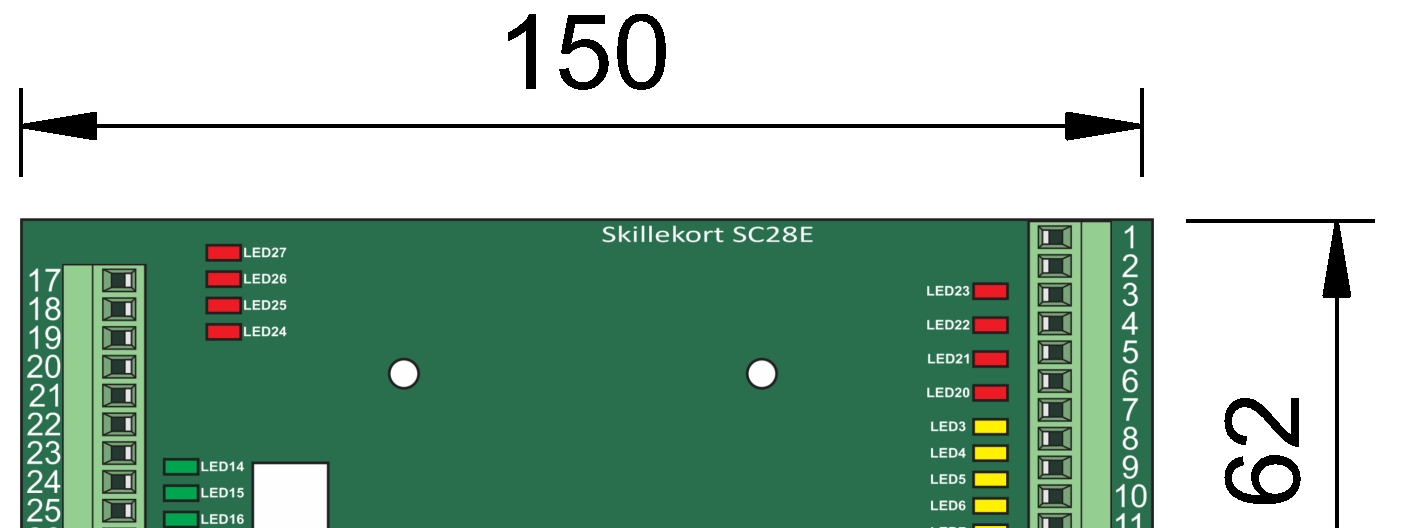 reléer på 22: 0V skillekort samt ut til skilt) 23: Påslag signal 1 (LED14) 24: Påslag signal 2 (LED15) 25: Påslag signal 3 (LED16) 26: Påslag signal 4 (LED17) 27: Tilbakemelding Alt OK (LED18) 28: -