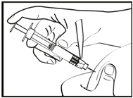 Trinn 18: Feste nålen Ikke ta på nåleenden eller sprøytetuppen. Ta nålen ut fra blisterpakningen. Skru nålen fast på den klargjorte sprøyten.