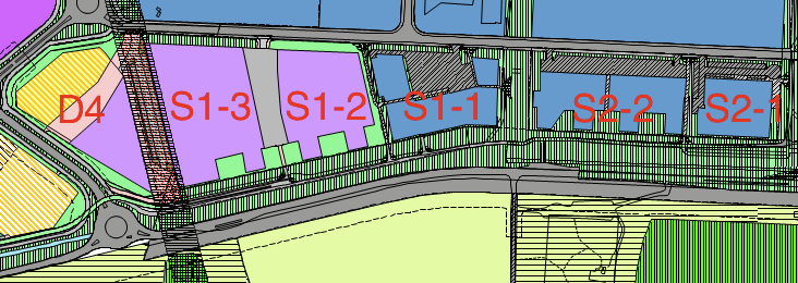 32 I tilliggende reguleringsplaner 0401, 0402 og 0498 ligger byggefeltene langs kollektivaksen sør fra Åsenvegen også: S1-3, S1-2, S1-1, S2-2 og S2-1 (se figur 3.1).