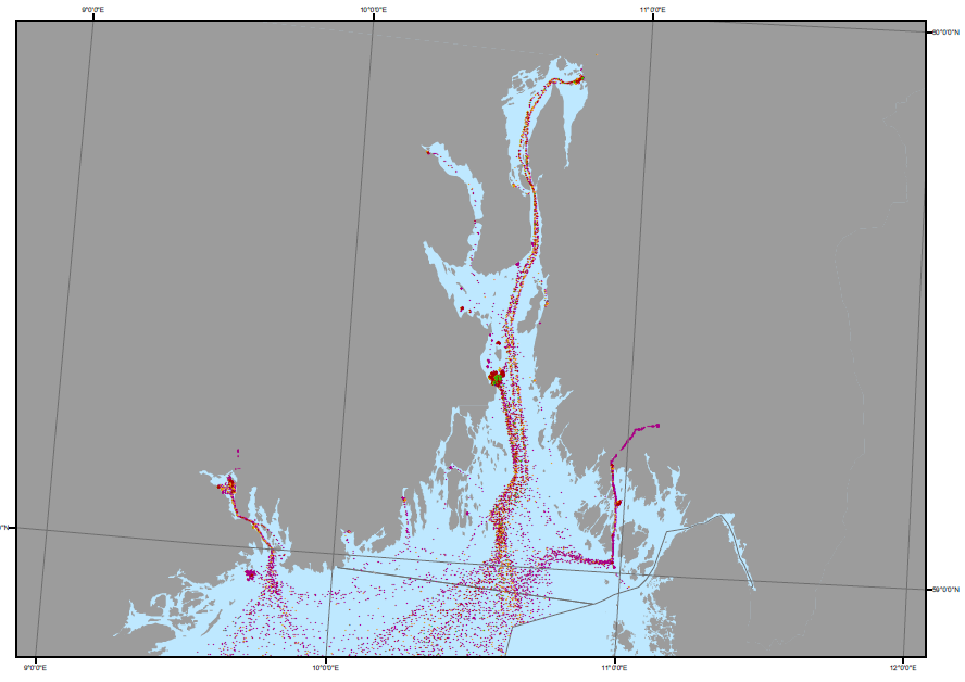 nautiske mil for hver enkelt skip som har seilt langs fastlandskysten. Beregningene er foretatt i kartprojeksjonen UTM31 WGS84.