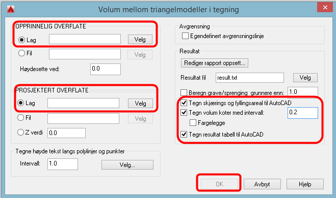 Masseberegning Velg så dette verktøyet i landskap Velg opprinnelig overflate og prosjektertoverflate Og fyll ut slik eksemplet viser og velg ok Velg