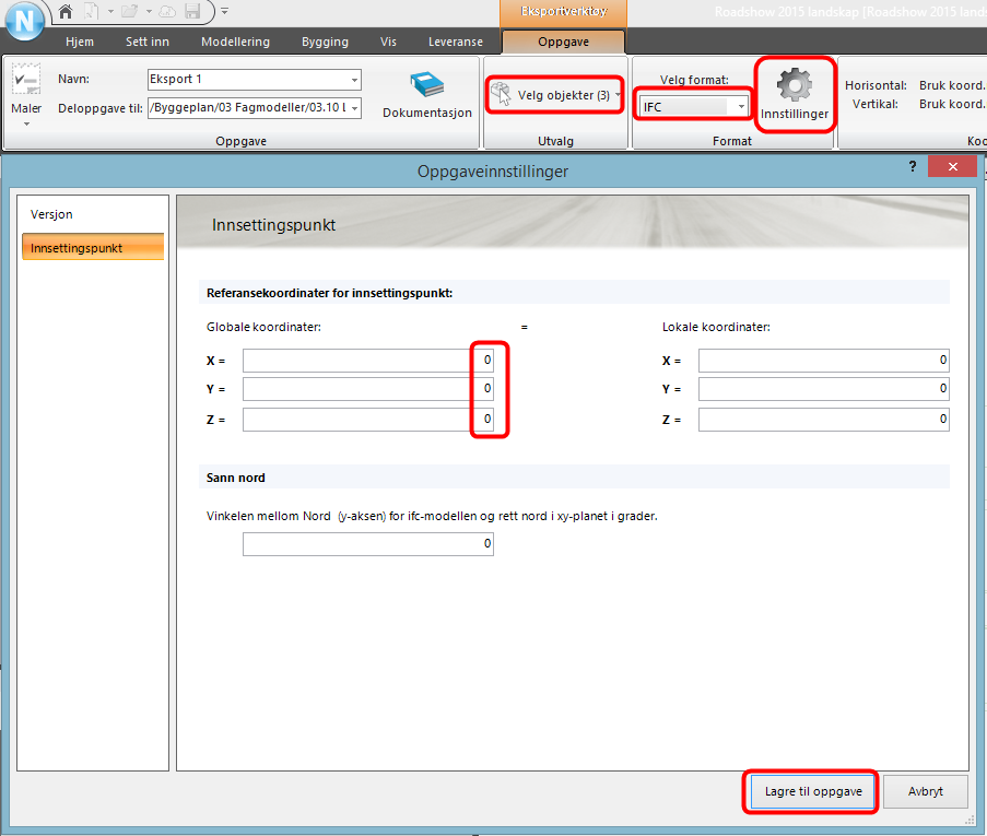 Eksport av terreng til IFC Gå til leveranse og velg eksport Velg objekter Velg IFC på format Under innstillinger og innsettingspunkt velg 0,0,0 og velg lagre til