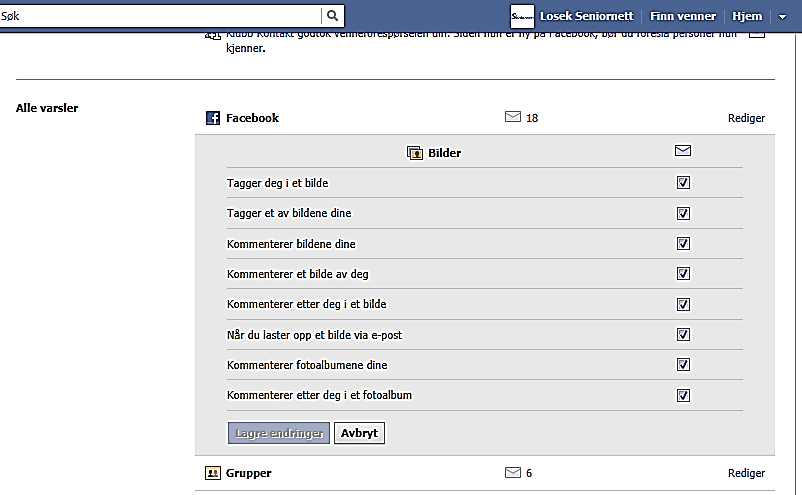 Jeg har valgt «Rediger» «Bilder». Her har Facebook huket av for alle valg. Du må selv velge hvilke varsler du ønsker å få.