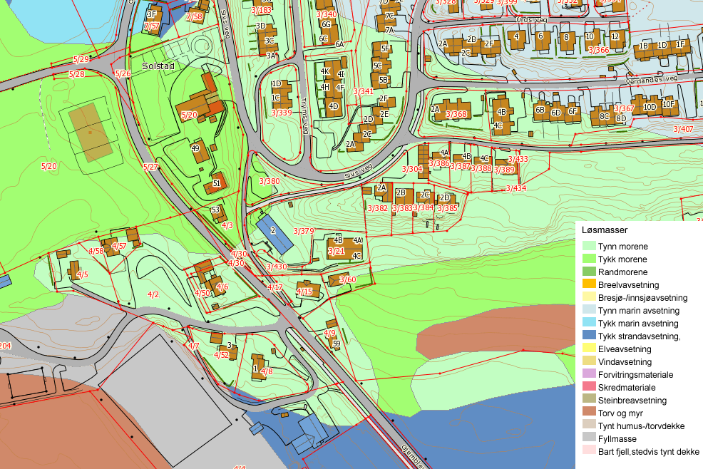 Geoteknikk/Områdestabilitet BILDE 12: GRUNNTYPER. KILDE: NGU Grunnen i planområdet består av tynn og tykk morene.