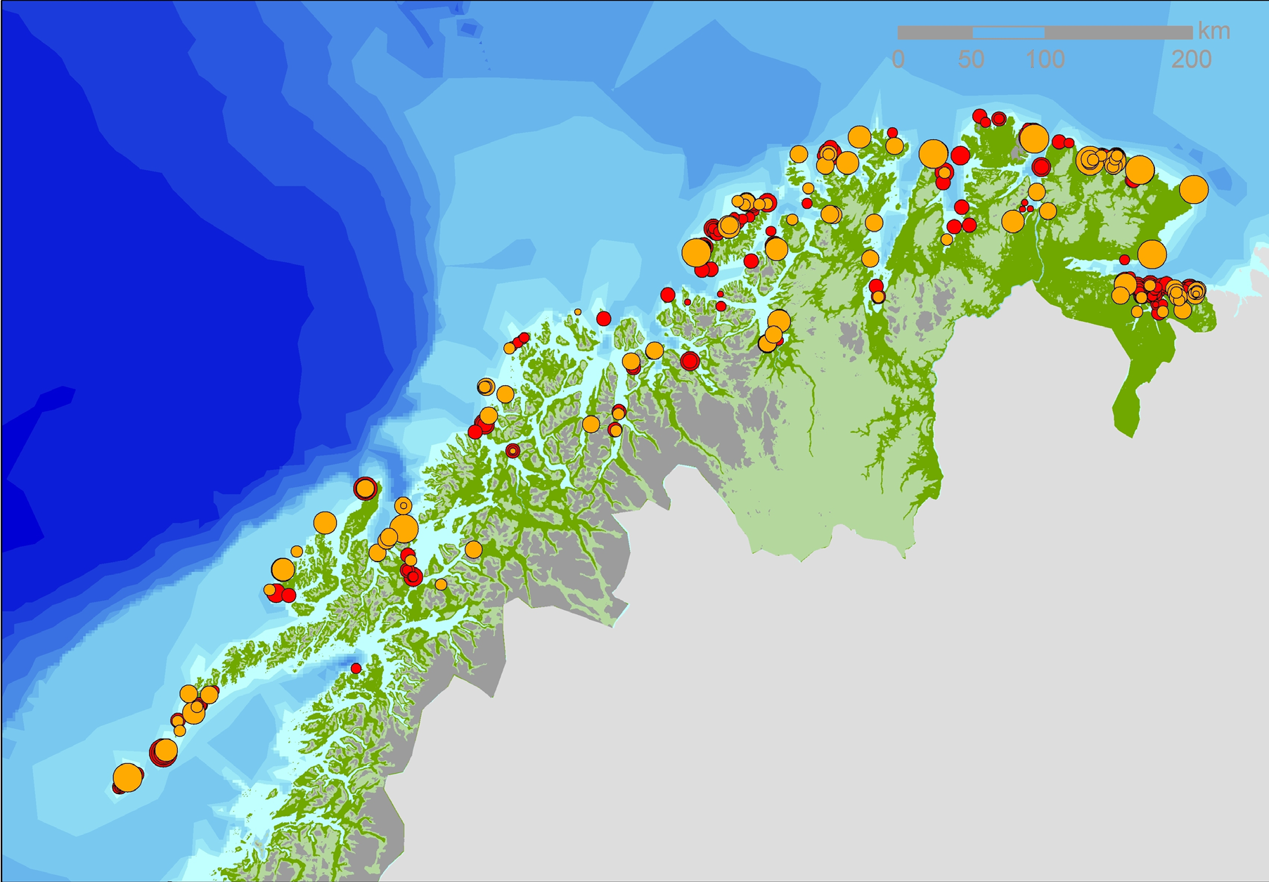 Figur3 ResultaterfraSEAPOPsopptellingav krykkjekolonier(oransjesirkler)iområdet Lofoten Barentshaveti2005 2008.Samtlige nåværendekolonierpåfastlandetbletalt.