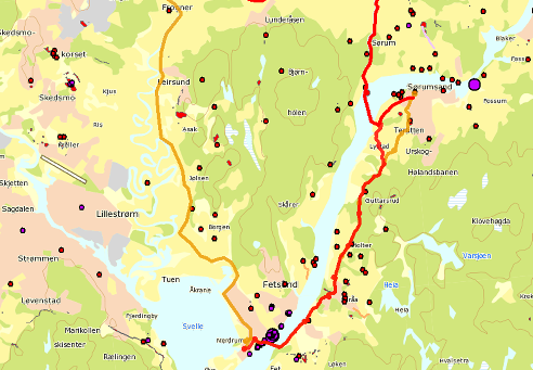 Døme frå Sørum og Gjerdrum kommunar Overføringsleidningar avløp faglege vurderingar knytt til leidningstraseane i skissefasen: Direkte konflikt Nærføring Potensialvurdering Avgjerande å få silt ut