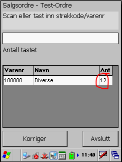 Trykk *Ny* Salgsordre eller velg en du allerede har og vil fortsette på. Legg inn noe tekst i merket-feltet for å identifisere ordren senere. Nå kan du scanne strekkoder. Scann en vare.