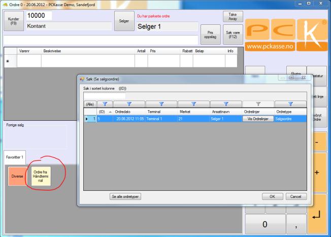 Administrasjon av ordretyper fra håndterminalen 1. I PCKasse på PC n henter du opp ordrene fra mellomlageret. Alle ordretypene havner fra håndterminalen til mellomlageret.