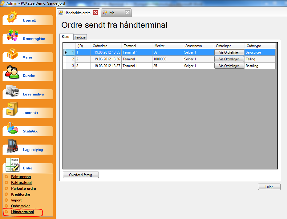 Du kan administrere mellomlageret direkte i Admin -> Ordre -> Håndterminal. Klare ordre er klare for innhenting i de forskjellige delene av PCKasse.