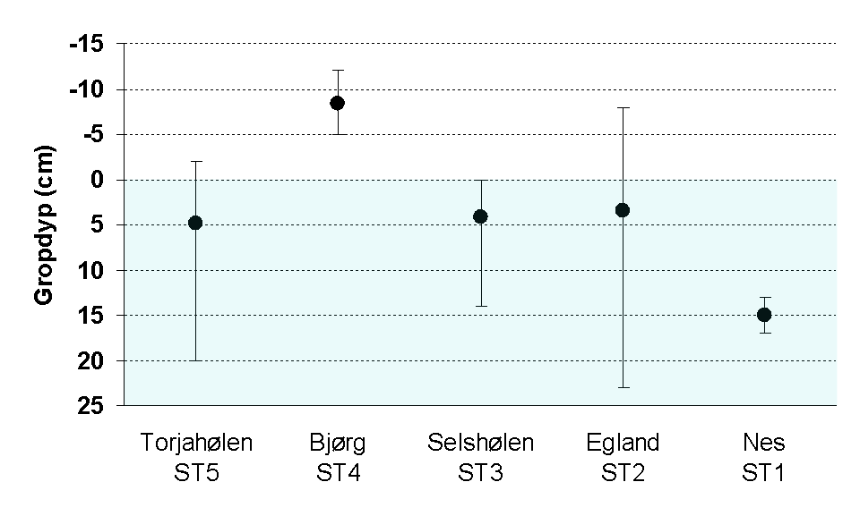 Figur 6: Gropdyp (vanndyp + nedgravingsdyp) for 46 gytegroper på 5 stasjoner i Årdalselven, 9-10 april 2013. Gropdypet er vist som et intervall fra dypeste til grunneste grop.