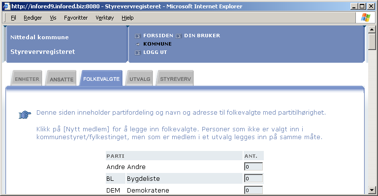 Fanen «Folkevalgte» På denne fanen finner du kommunens folkevalgte. De som sitter som faste medlemmer i kommunestyret, er valgt ved kommunevalget, og skal være kodet som «Valgt».