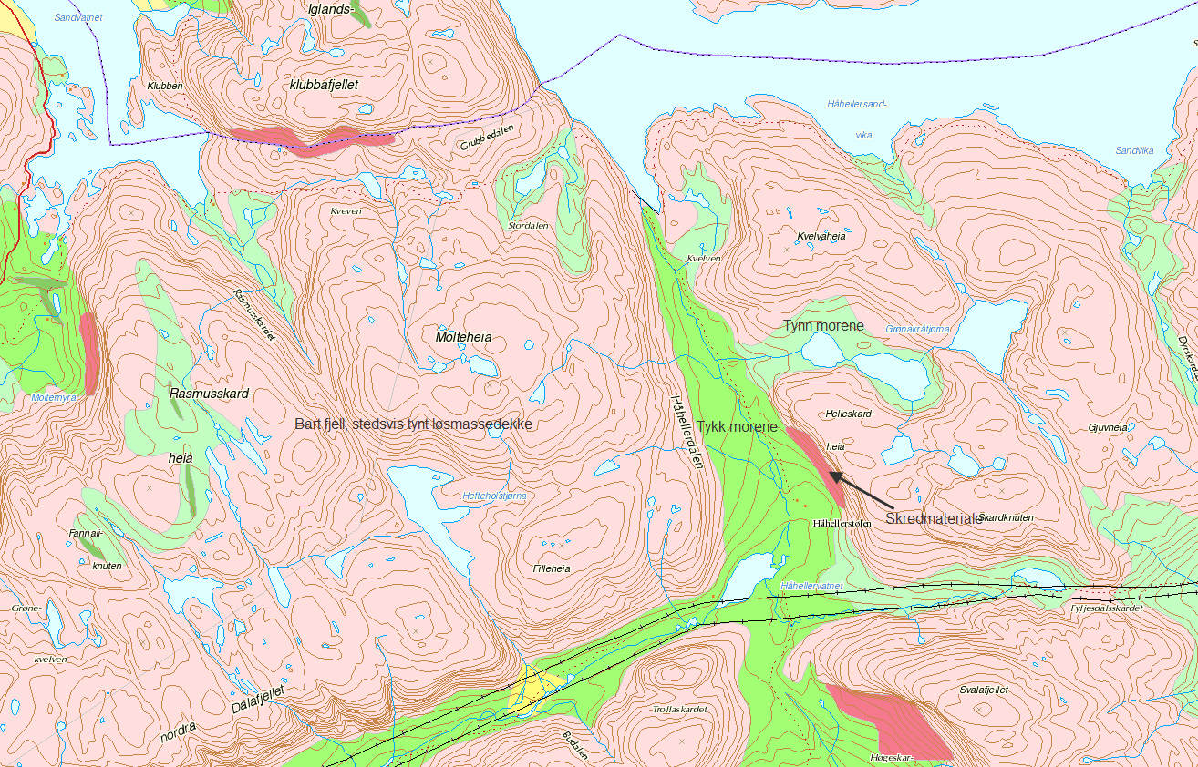 Overføringer Dalaånas nedbørfelt til Lyngsvatn 11 Figur 4-2 Løsmassekart: størstedelen av utbyggingsområdet består av bart fjell (lyst rosa).