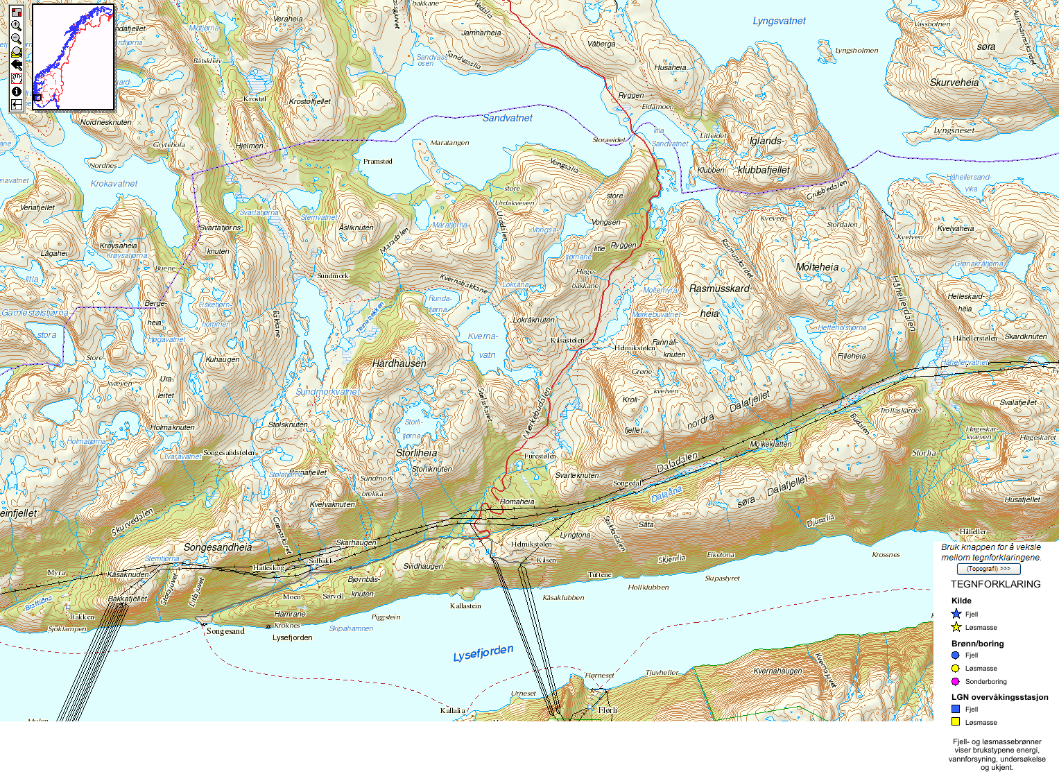Overføringer fra Dalaånas nedbørfelt til Lyngsvatn 33 Figur 5-13 Den nasjonale grunnvannsdatabasen viser ikke brønner i Daladalen.