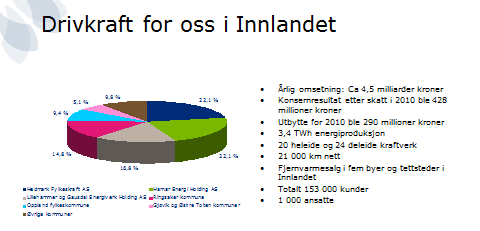 2.1.2 Eierskap De største eierne er Hedmark Fylkeskraft AS (22,078 %), Hamar Energi Holding AS (22,078 %), Lillehammer og Gausdal Energiverk Holding AS (16,766), Ringsaker kommune (14,828 %) og