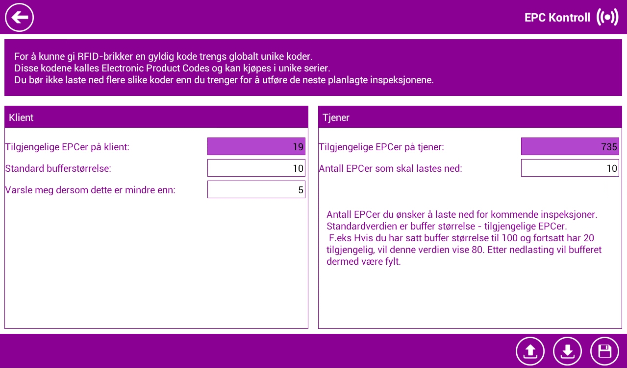 INNSTILLINGER Figur 4: EPC Kontroll Klient: - Tilgjengelige EPCer på klient: antall tilgjengelige EPCer som er lastet ned fra serveren.