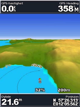 Bruke kart Bruke Mariner s Eye 3D Visningen Mariner s Eye 3D viser båten sett ovenfra eller bakfra (avhengig av kursen) og er et visuelt navigasjonshjelpemiddel.