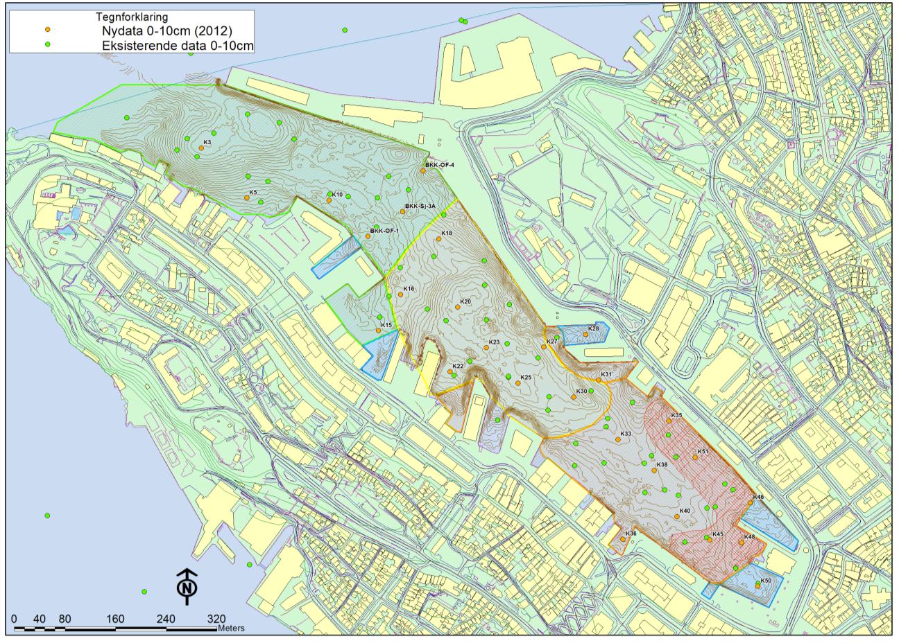 6/30 ANALYSE AV SEDIMENTKJERNER FRA VÅGEN Tegnforklaring Eksisterende data (0-10 cm) Nye sedimentkjerner Figur 1 Posisjon for tidligere prøver og nye kjerneprøver fra Vågen, Bergen 2.