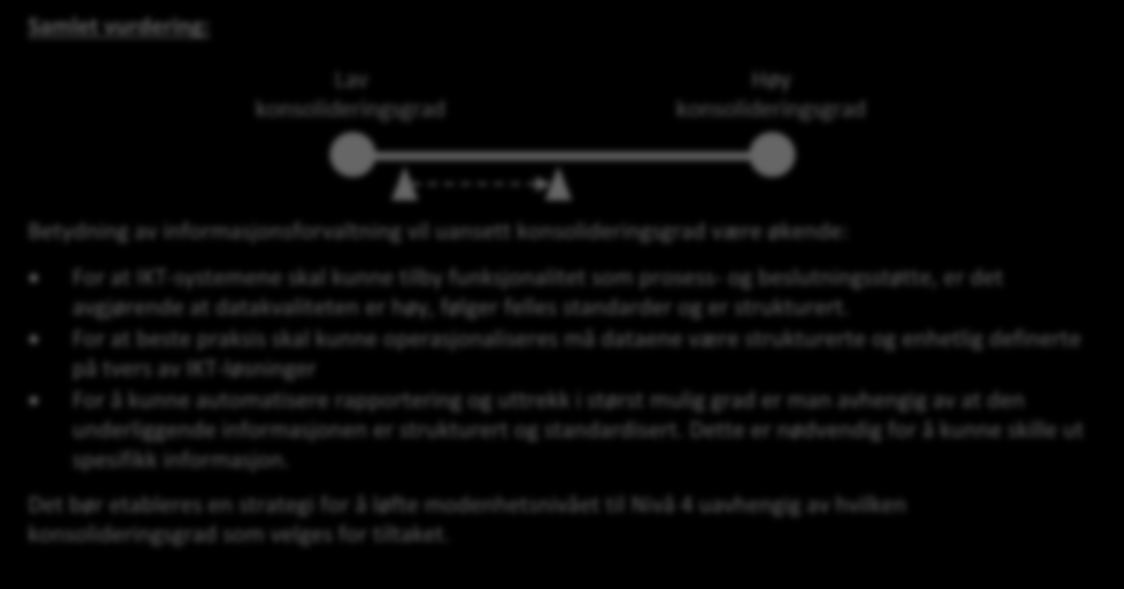 For at beste praksis skal kunne operasjonaliseres må dataene være strukturerte og enhetlig definerte på tvers av IKT-løsninger For å kunne automatisere rapportering og uttrekk i størst mulig grad er