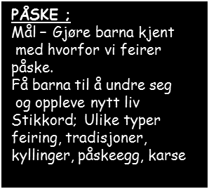 AVDELINGEN I MARS: VINTER; forts Fuglene våre Vennskap / følelser Påskefrokost Fargen GUL Så karse MARS 02 03 09 10 04 05 06 11 12 13 16 17 18 19 Felles samling