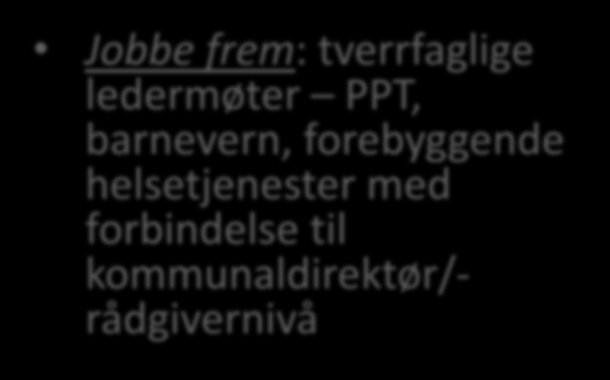 Litt mer om struktur tverrfaglig samhandling - systemnivå Har rutiner for samarbeid barnehage barnevern enkeltsaker årlige møter ledernivå.