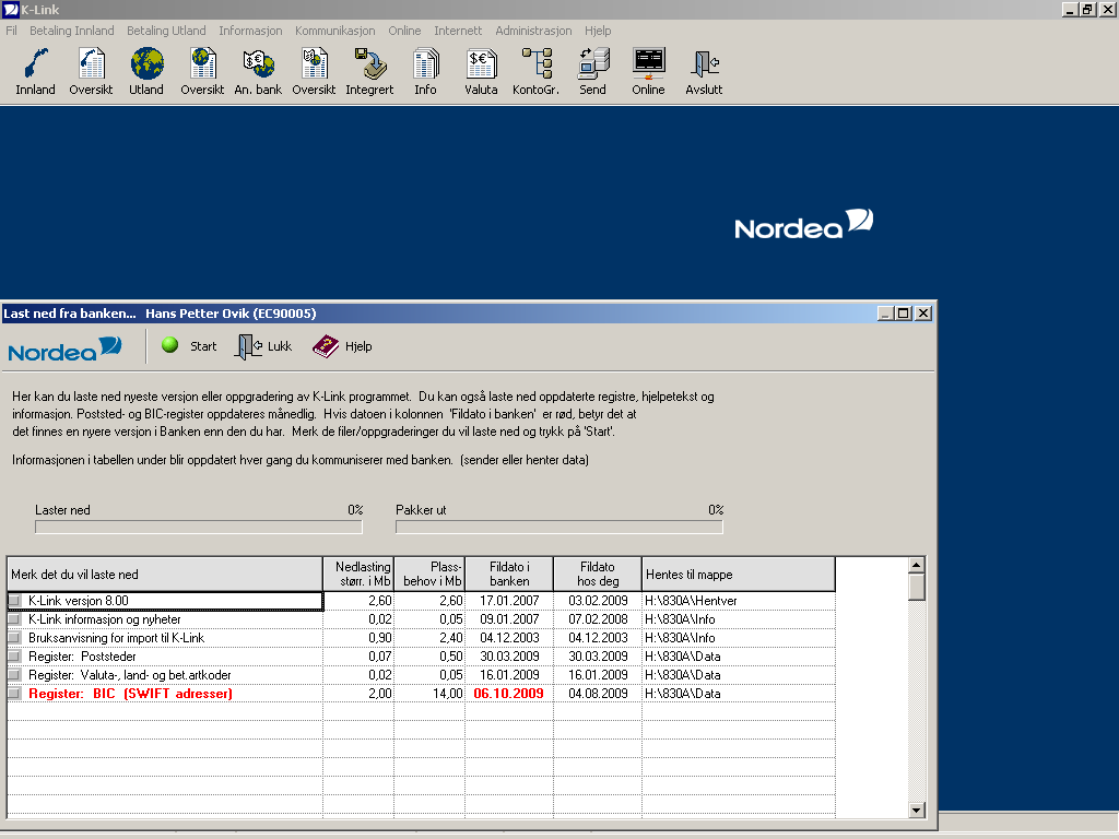 BIC-REGISTER Vi vil f.o.m. ver. 7.00 ha en funksjon for å hente oppdatert BIC-register. Registeret leveres ikke sammen med versjonen, men kan lastes ned via K-Link For Windows.