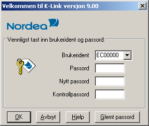 PÅLOGGING TIL K-LINK FOR WINDOWS EC-nr (bruker-identitet) og passord legges inn. Passord er valgfritt ( ikke æ, ø, å).