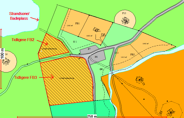 Figur 1: Viser området unntatt rettsvirkning (tidligere FB2 og FB3) merket med rødt og strandsone/ badeplass.