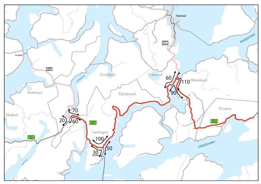 3.4 Kollektivtransport Bussrutene Bodø- Fauske Narvik og Bodø Fauske Sortland har to avganger daglig i hver retning og korresponderer med tog i Fauske.