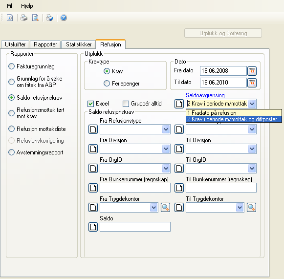 Endringer i versjon 9.1 SP2 Saldo refusjonskrav rapport I menyvalg Fravær - Rapportering - Utskrifter - Saldo refusjonskrav er et nytt valg hvis du merker feltet Excel.