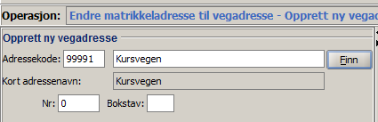 I neste skjermbilde tastar du inn adressekoden og/eller adressenamnet til vegen som matrikkeladressa skal endrast til. Tast også inn adressenummer og eventuell bokstav.