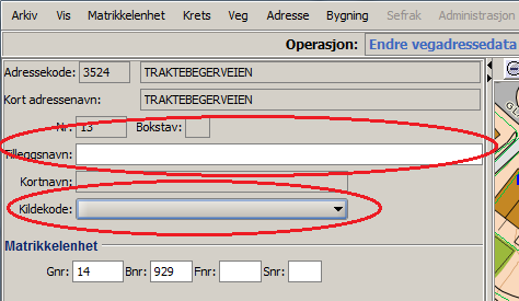 Når du er ferdig klikkar du på adressetilleggsnamn. -knappen. Eigedommen har no fått eit Oppgåve A5 Etablering av ny matrikkeladresse Ved frådeling får ein eigedom, dvs.