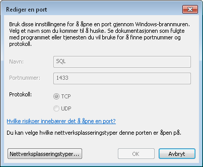 Installasjonsveiledning Brannmur på server Når du velger serverinstallasjon, vil systemet automatisk åpne en port for SQL Server i Windowsbrannmuren, dersom Windows-brannmuren er aktivert.