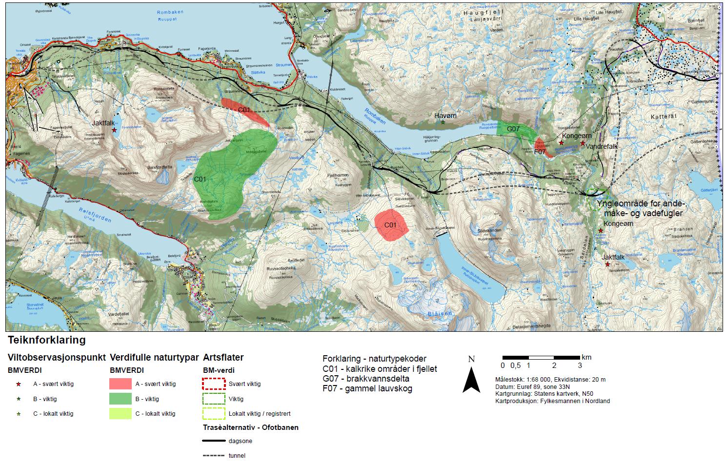 OVERORDNEDE PROBLEMSTILLINGER Sørdalen, nærmere bestemt Sørdalsmyra. I Figur 5-9 er vist en grov oversikt over spesielle registrerte naturverdier. Figur 5-9 Temakart naturverdier.