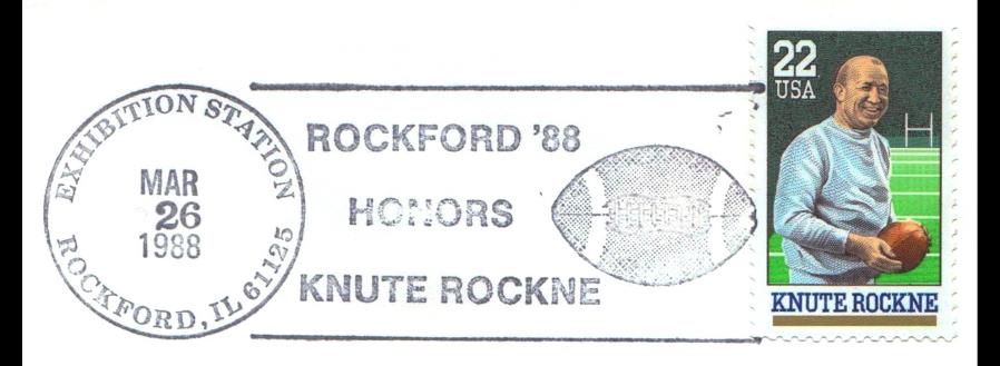 Knute Rockne basert på filatelistiske objekter av Dag Henriksbø Knut Rokne, senere amerikanisert til Knute Rockne, ble født på Voss 4. mars 1888.