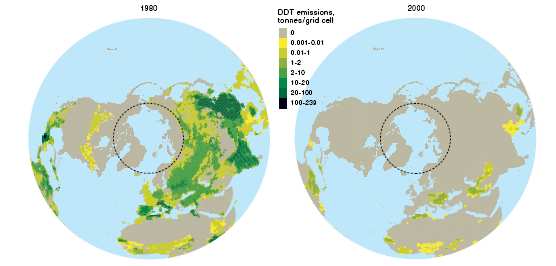 Figur v2.5 Bruk av DDT i 1980 og 2000 på den nordlige halvkule (AMAP 2004).