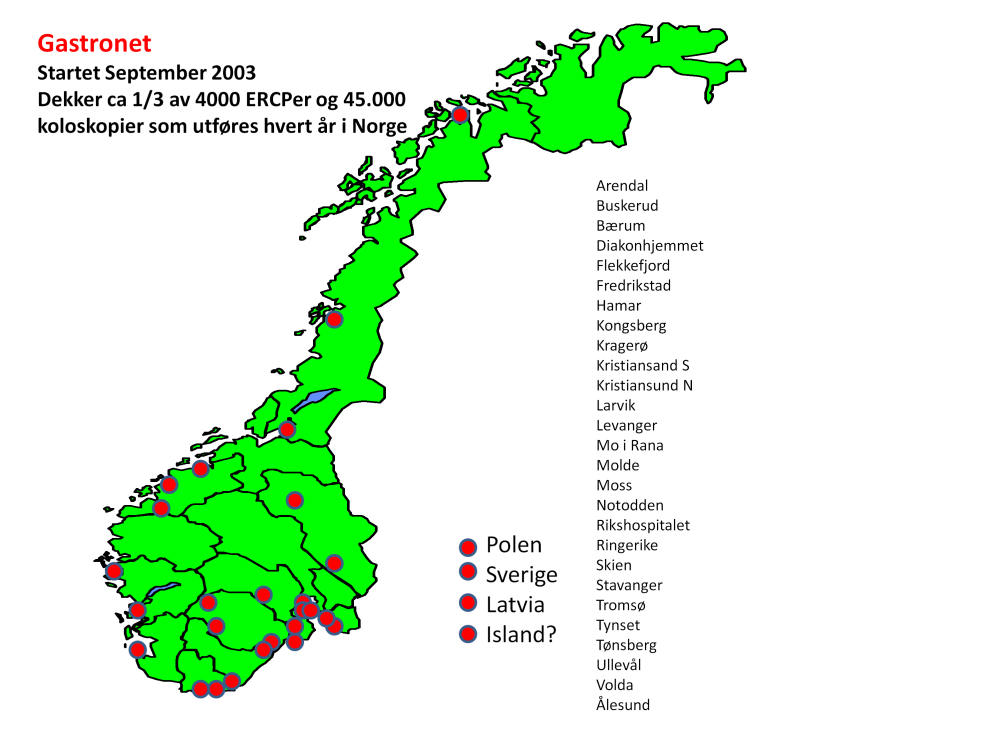 I Norge er det 27 sykehus i Gastronet, Sverige er representert med 6 sykehus i forbindelse