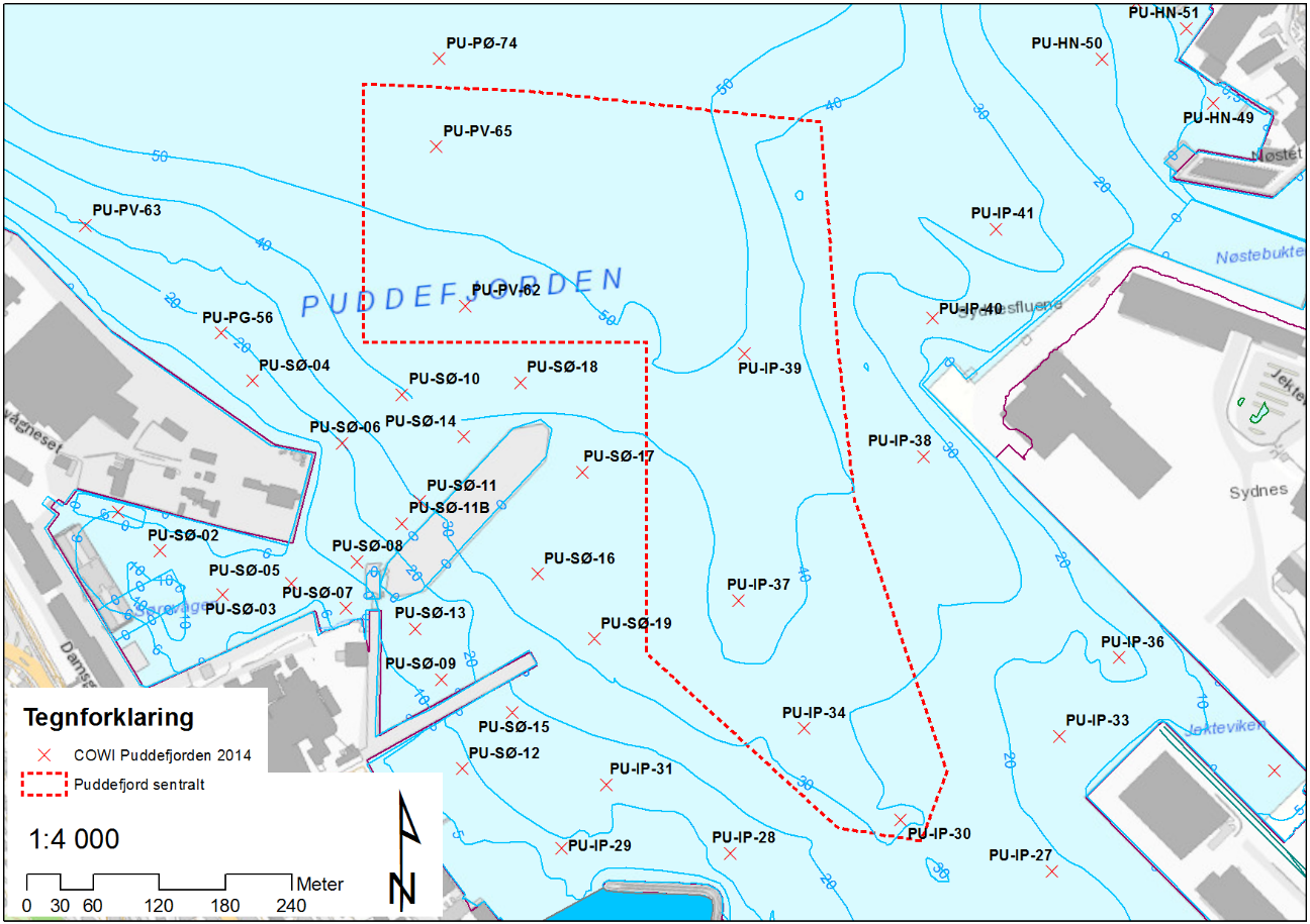 37 3.9 Puddefjord sentralt Puddefjord sentralt er 176 000 m² og ligger mellom ca. 30-90 m dyp.