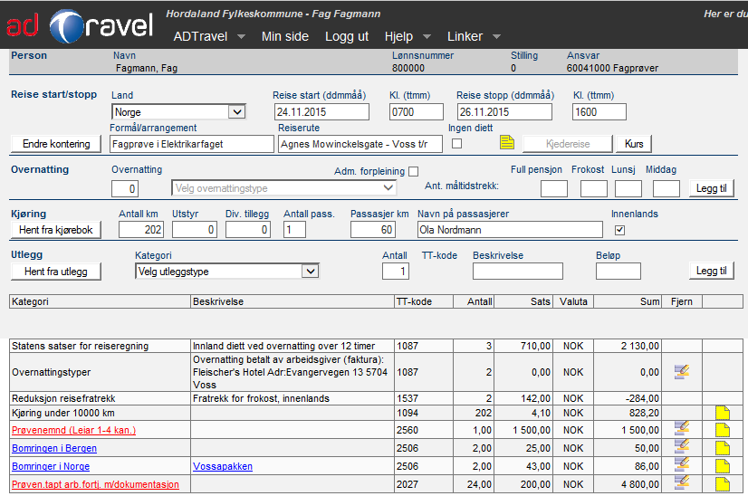 Registrere reiserekning - fagprøve over fleire dagar med overnatting framhald Reiserekninga ser nå slik ut.