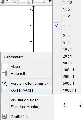 Endre innstilling på aksene Høyreklikk inne i grafikkfeltet og velg xakse : yakse, velg så 1:1 1.