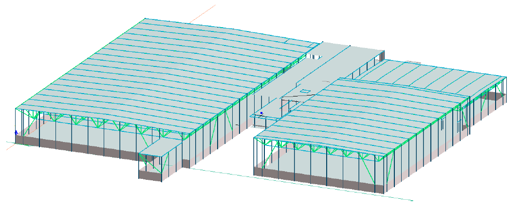 Eksempel 2 Effekt av SSI på Peler Vurdering av konstruksjon Konstruksjonen er irregulært i plan Stivhetssenter befinner seg mot betongkonstruksjonen mellom hallene, og dette medfører stor