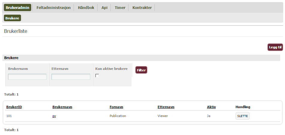 Brukeradmin Første gang du logger på vil det ligge én bruker i systemet. Denne brukeren er ment som en standardbruker med lesetilgang til håndbøker.