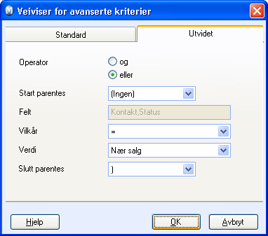 AVANSERT UTVALG 4. Velg (Ingen) i nedtrekkslisten Start parentes siden dette kriteriet er en del av det forrige. 5. Velg 'er lik (=) fra nedtrekkslisten Vilkår, og Nær salg fra nedtrekkslisten Verdi.